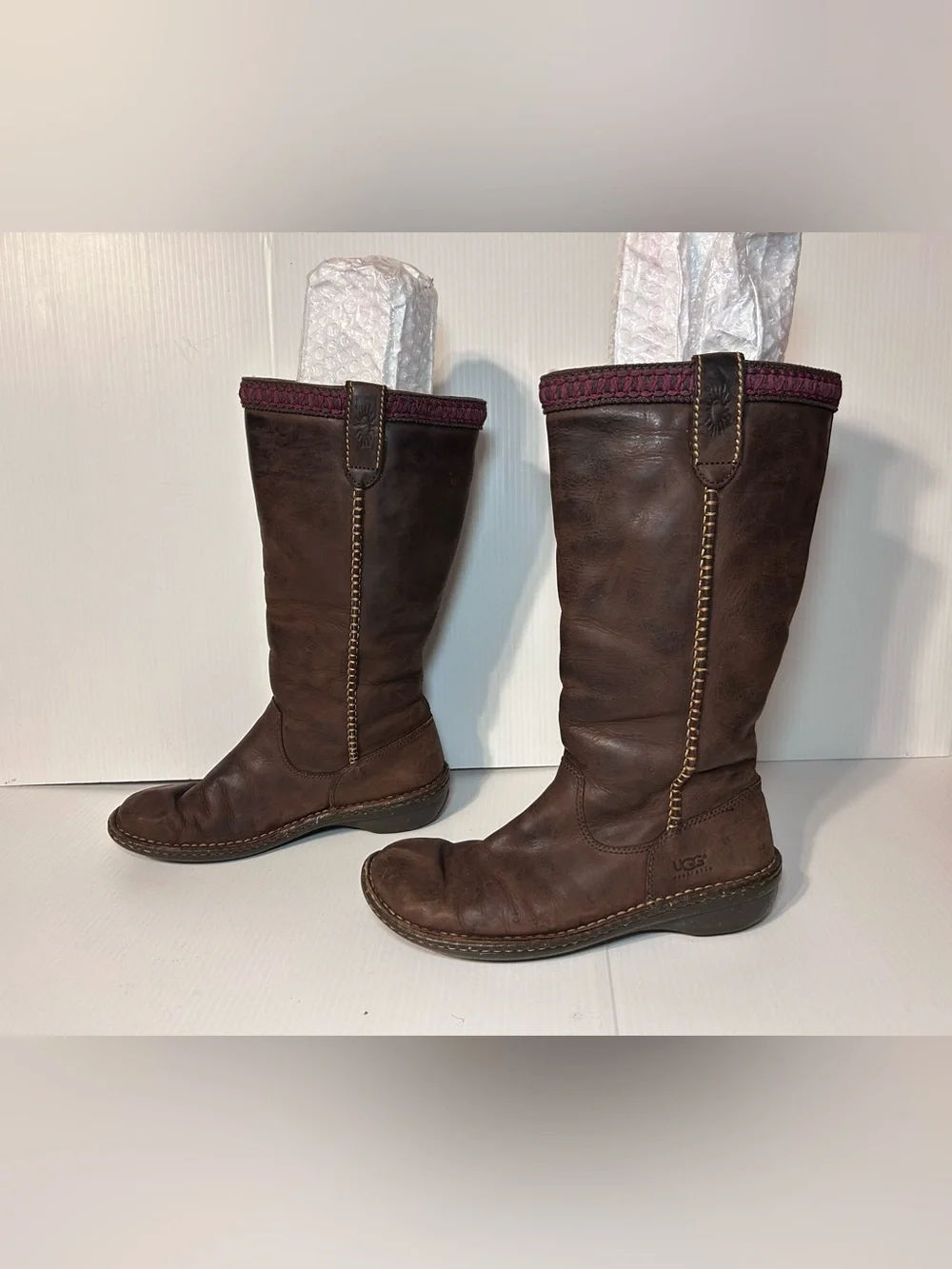 UGG SN 5139 brown leather shearling tall boots winter size 9